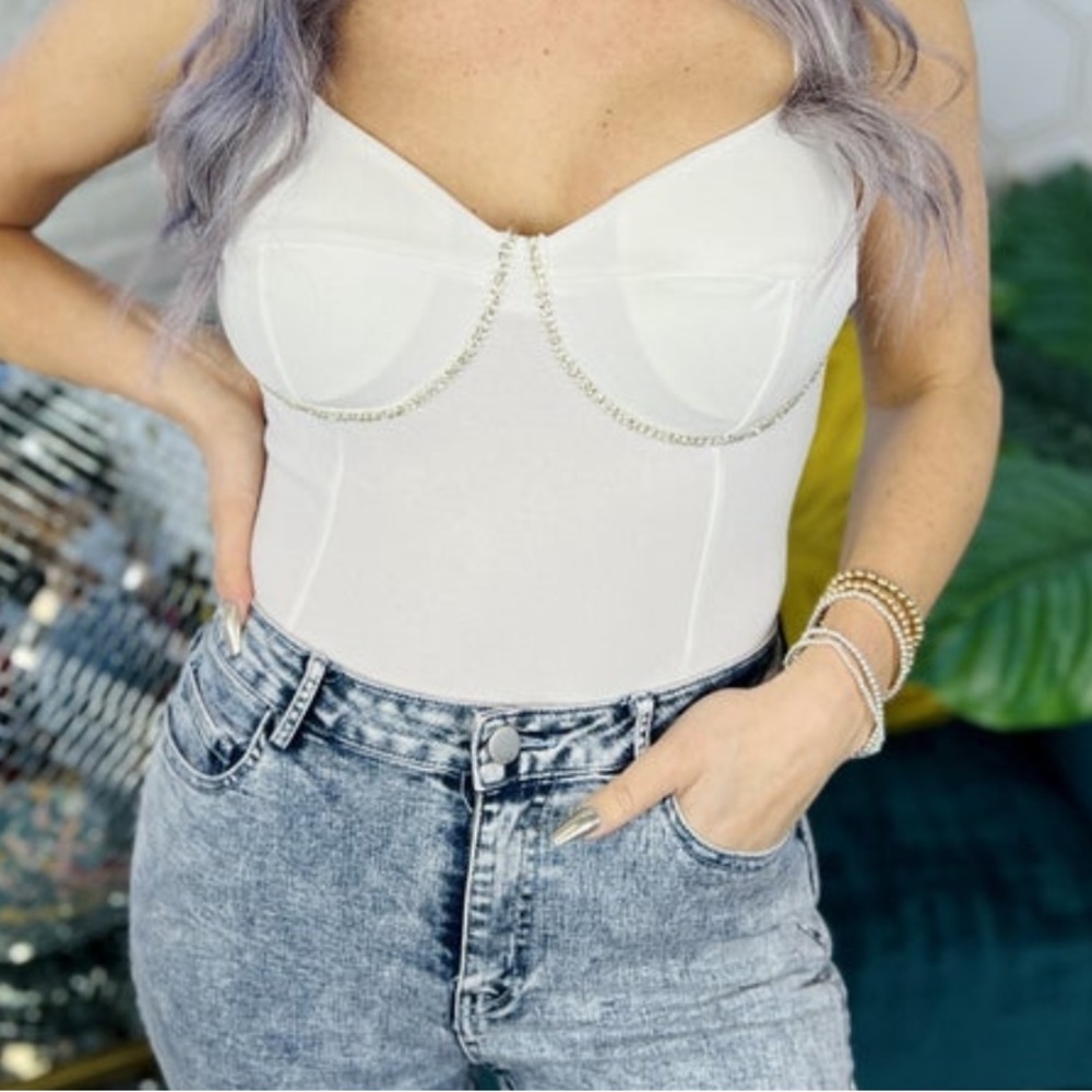 Timing Rhinestone-Trim Bodysuit • Size S • Silver/White Sparkle